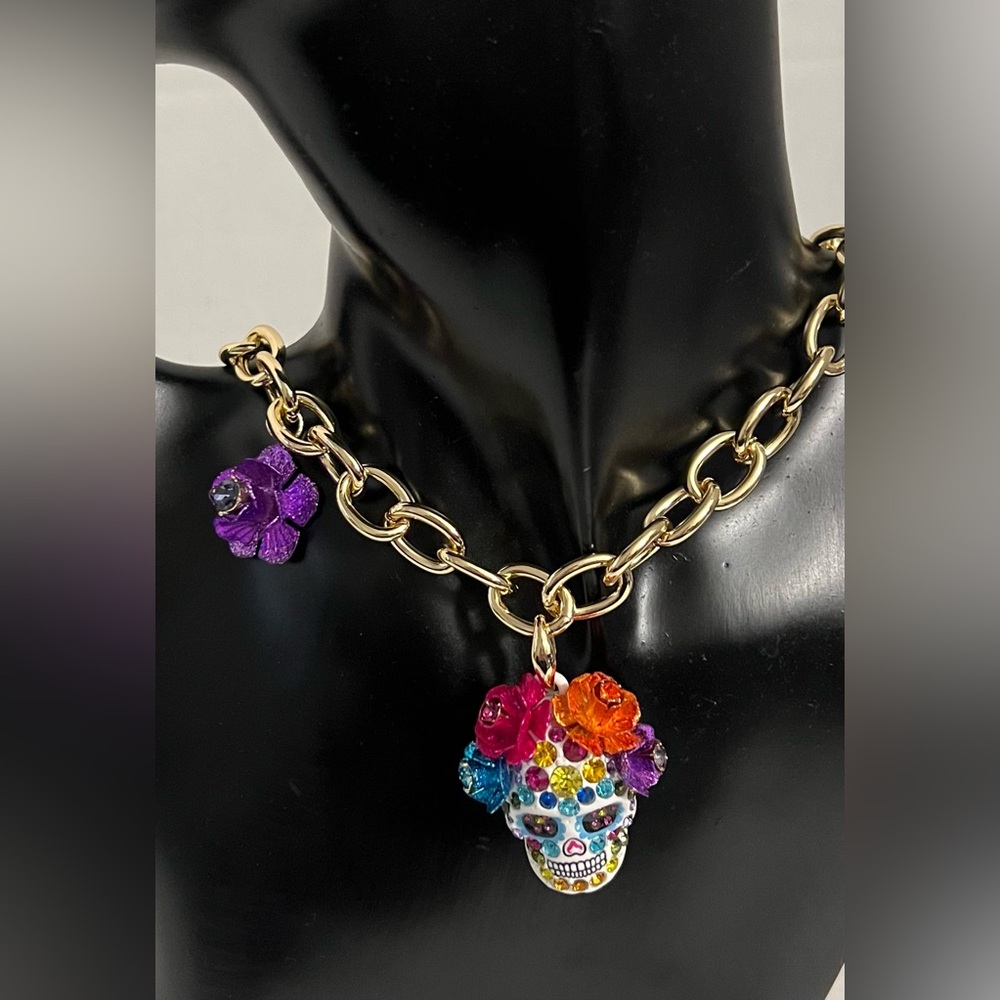 Betsey Johnson Gold Skull Pendant Necklace with Multicolor Accents - Picture 15 of 16